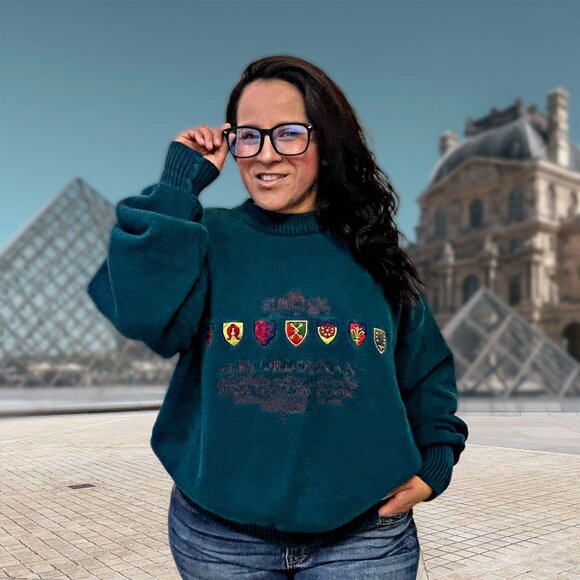 Structure Vintage Knitted Grandpa Sweater Embroidered Mock Neck Pullover Unisex - Picture 2 of 12